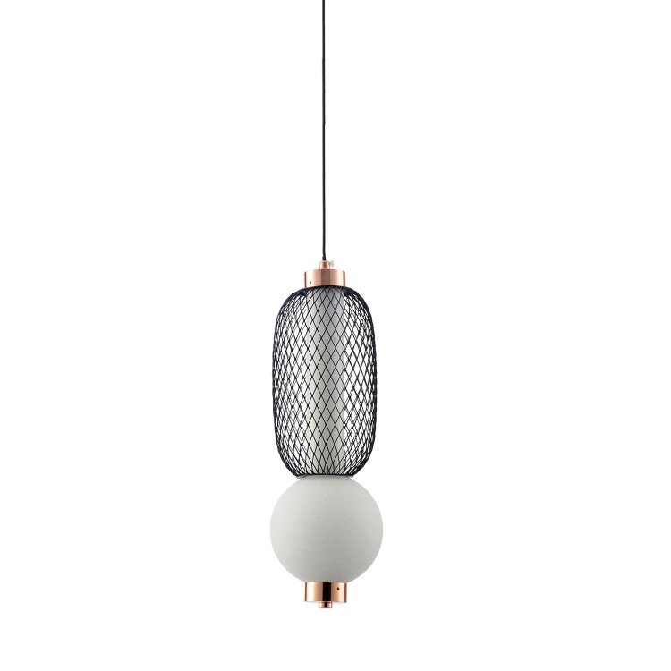 CÓD.3369 LAMPADA A SOSPENSIONE LED CON GRIGLIA, SFERA IN VETRO SATINATO E ACRILICO 13 X 37 CM