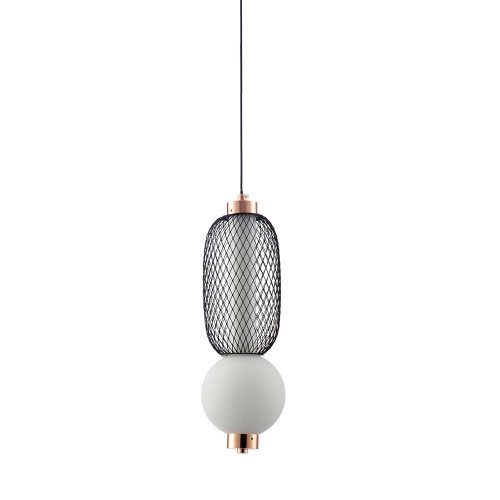 CÓD.3369 COLGANTE LED REJILLA ,BOLA CRISTAL MATE Y ACRÍLICO 13 X 37 CM