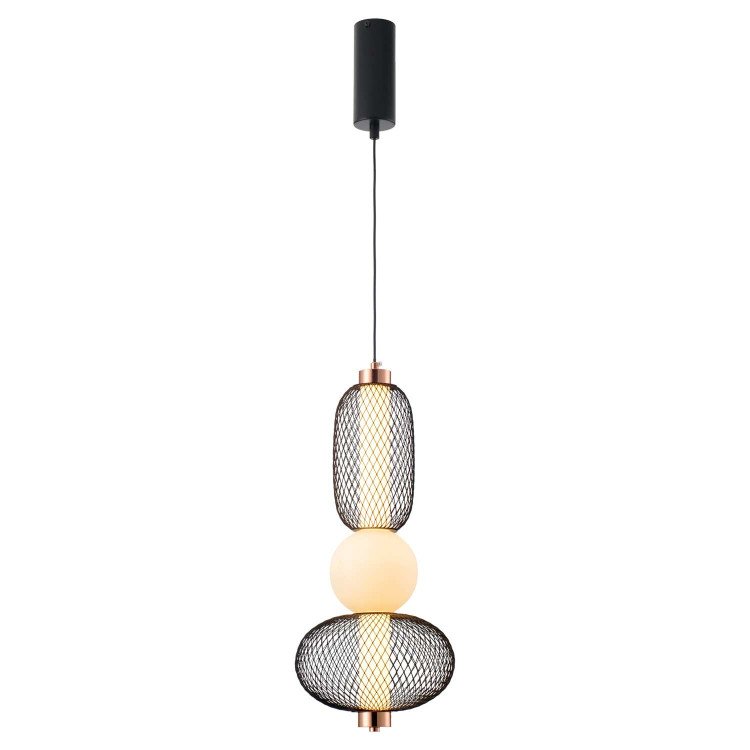 CÓD.3370 CANDEEIRO SUSPENSO LED COM GRELHA, BOLA EM VIDRO FOSCO E ACRÍLICO 22 X 49 CM