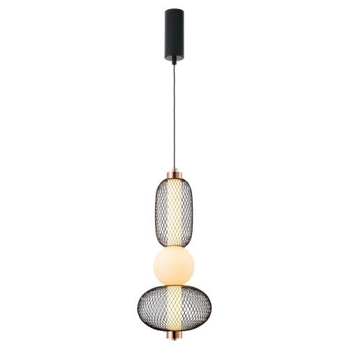 CÓD.3370 CANDEEIRO SUSPENSO LED COM GRELHA, BOLA EM VIDRO FOSCO E ACRÍLICO 22 X 49 CM