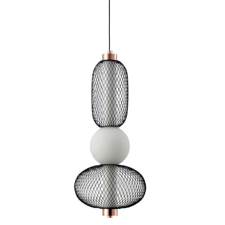 CÓD.3370 LAMPADA A SOSPENSIONE LED CON GRIGLIA, SFERA IN VETRO SATINATO E ACRILICO 22 X 49 CM