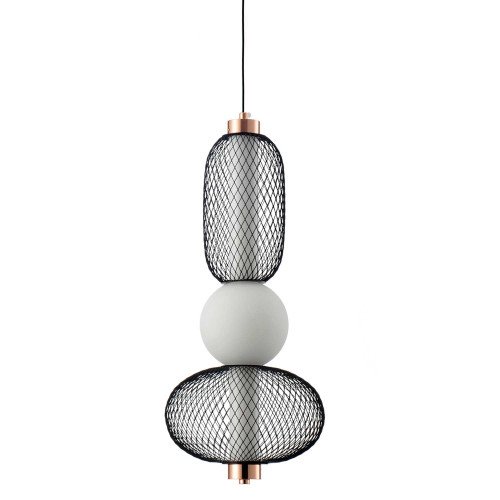 CÓD.3370 CANDEEIRO SUSPENSO LED COM GRELHA, BOLA EM VIDRO FOSCO E ACRÍLICO 22 X 49 CM