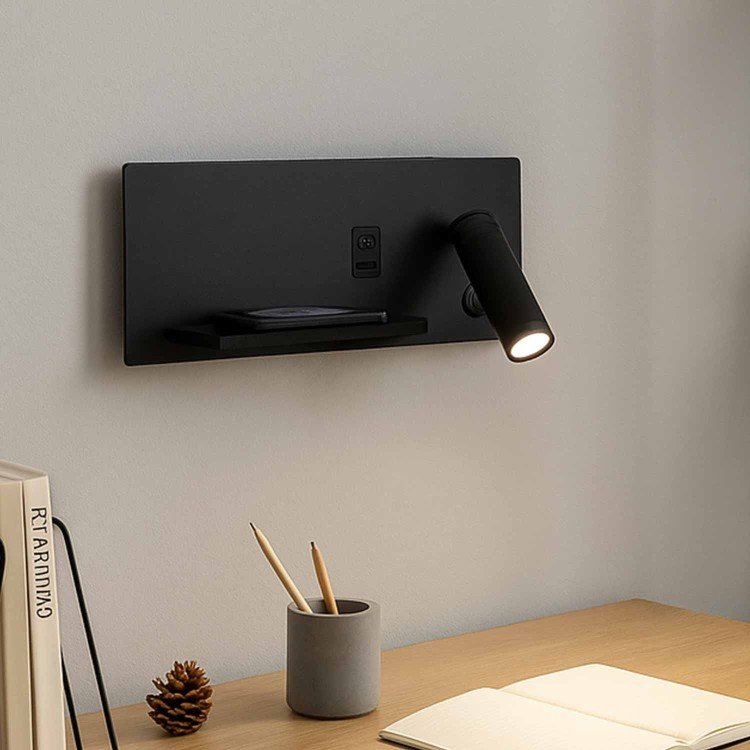 CÓD.6121 APPLIQUE LED IN ACCIAIO VERNICIATO NERO CON RICARICA WIRELESS 30 CM ORIENTAMENTO DESTRO