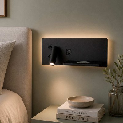 CÓD.6122 APLIQUE LED EM AÇO PINTADO PRETO COM CARREGAMENTO SEM FIOS 30 CM ORIENTAÇÃO ESQUERDA