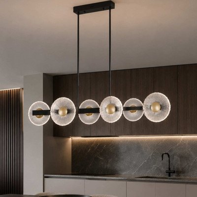 RÉF. 3365 LAMPE LED EN ACIER PEINT NOIR AVEC 6 ABAT-JOURS EN ACIER DORÉ ET VERRE – 41 W