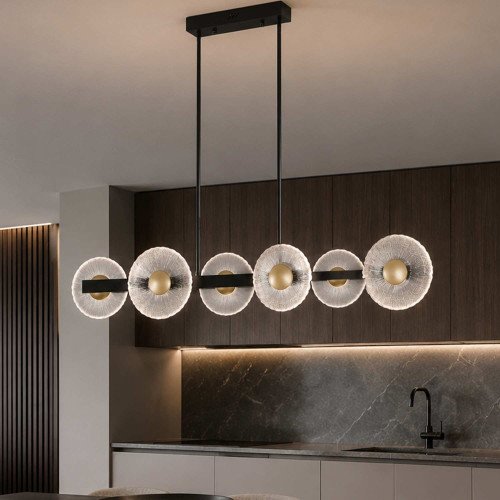 ART.-NR. 3365 LED-LEUCHTE AUS SCHWARZ LACKIERTEM STAHL MIT 6 SCHIRMEN AUS GOLDFARBENEM STAHL UND GLAS – 41 W