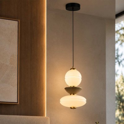 CÓD.3391 CANDEEIRO SUSPENSO LED EM AÇO PRETO, CERÂMICA E VIDRO