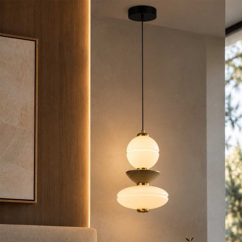 CÓD.3391 LAMPADA A SOSPENSIONE LED IN ACCIAIO NERO, CERAMICA E VETRO