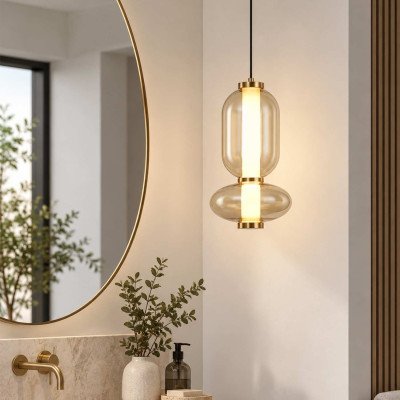 CÓD.3395 CANDEEIRO SUSPENSO LED EM AÇO PRETO E VIDRO ÂMBAR