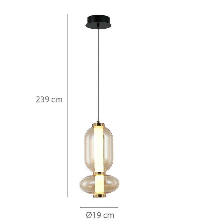 CÓD.3395 LED-HÄNGELEUCHTE AUS SCHWARZEM STAHL UND BERNSTEINFARBENEM GLAS