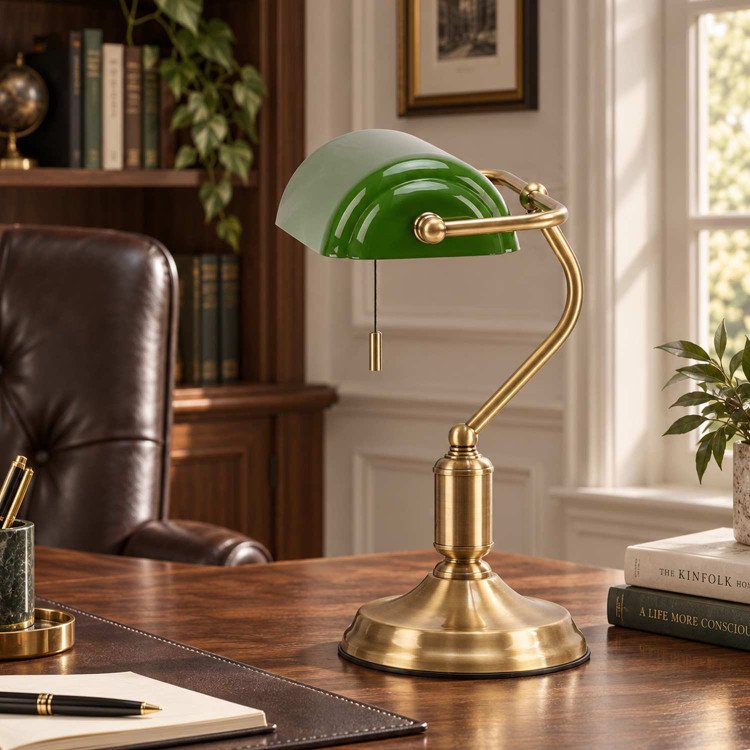 CÓD.9060 LAMPADA DA TAVOLO 1L IN ACCIAIO OTTONE ANTICATO E PARALUME VERDE LUCIDO