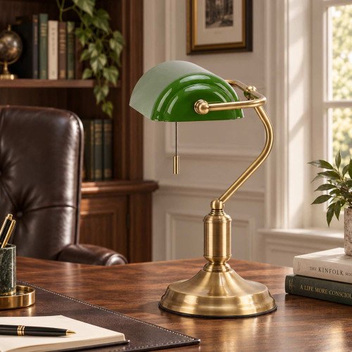 CÓD.9060 LAMPE DE TABLE 1L EN ACIER LAITON VIEILLI ET ABAT-JOUR VERT BRILLANT