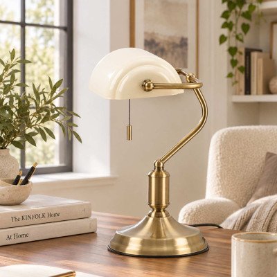 CÓD.9061 LAMPE DE TABLE 1L EN ACIER LAITON VIEILLI ET ABAT-JOUR BEIGE BRILLANT
