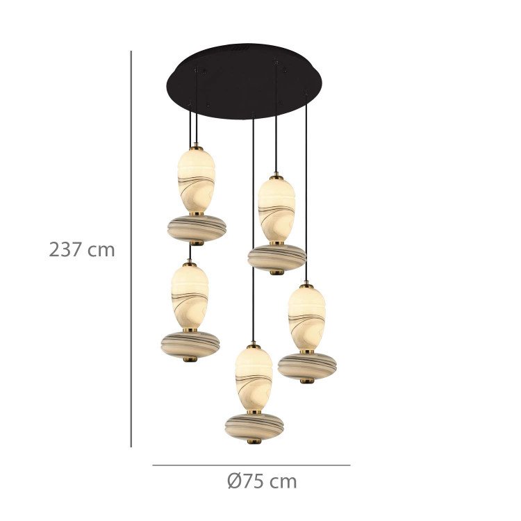 CÓD.3403 CANDEEIRO LED REDONDO 5L EM AÇO PRETO E VIDRO EFEITO MÁRMORE