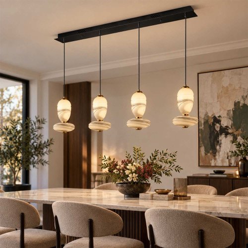 CÓD.3404 RECHTECKIGE LED-LEUCHTE 4L AUS SCHWARZEM STAHL UND MARMORIERTEM GLAS