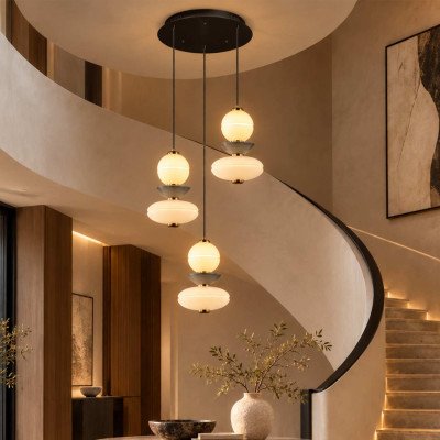 CÓD.3405 CANDEEIRO LED REDONDO 3L EM AÇO PRETO, CERÂMICA E VIDRO