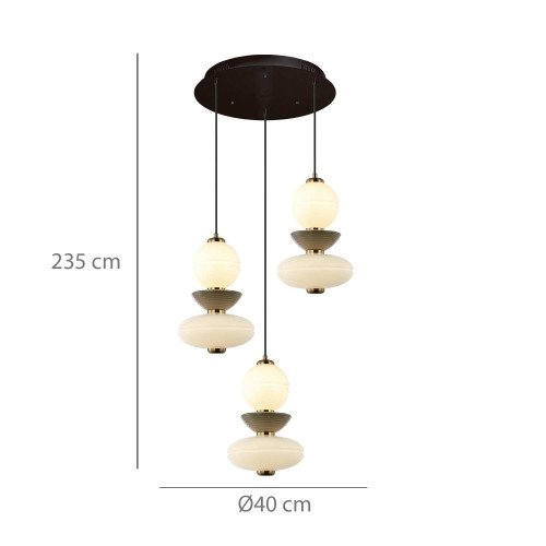 CÓD.3405 CANDEEIRO LED REDONDO 3L EM AÇO PRETO, CERÂMICA E VIDRO