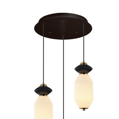 CÓD.3411 CANDEEIRO LED REDONDO 3 LUZES EM AÇO PRETO, CERÂMICA E VIDRO