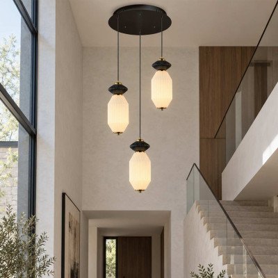 CÓD.3411 RUNDE LED-LEUCHTE MIT 3 LICHTERN AUS SCHWARZEM STAHL, KERAMIK UND GLAS