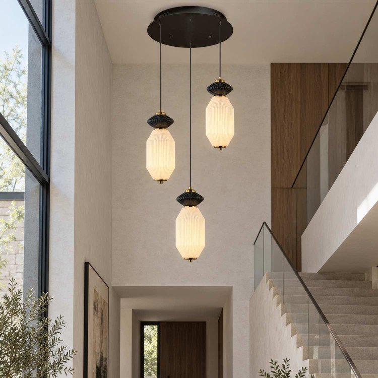 CÓD.3411 CANDEEIRO LED REDONDO 3 LUZES EM AÇO PRETO, CERÂMICA E VIDRO