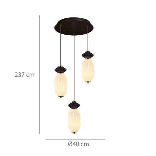 CÓD.3411 CANDEEIRO LED REDONDO 3 LUZES EM AÇO PRETO, CERÂMICA E VIDRO