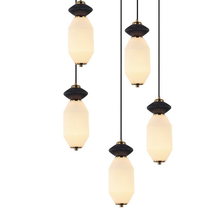 CÓD.3412 CANDEEIRO LED REDONDO 5 LUZES EM AÇO PRETO, CERÂMICA E VIDRO