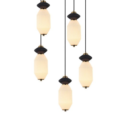 CÓD.3412 RUNDE LED-LEUCHTE MIT 5 LICHTERN AUS SCHWARZEM STAHL, KERAMIK UND GLAS