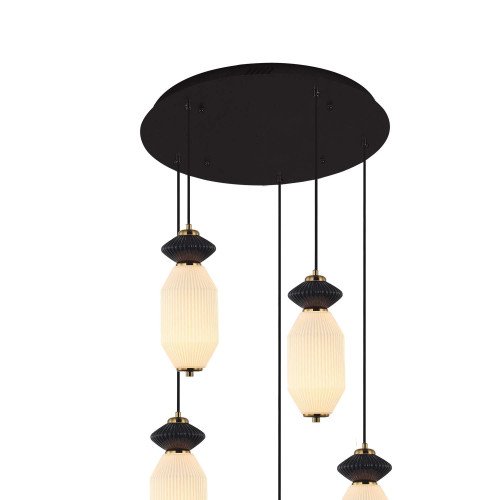 CÓD.3412 CANDEEIRO LED REDONDO 5 LUZES EM AÇO PRETO, CERÂMICA E VIDRO