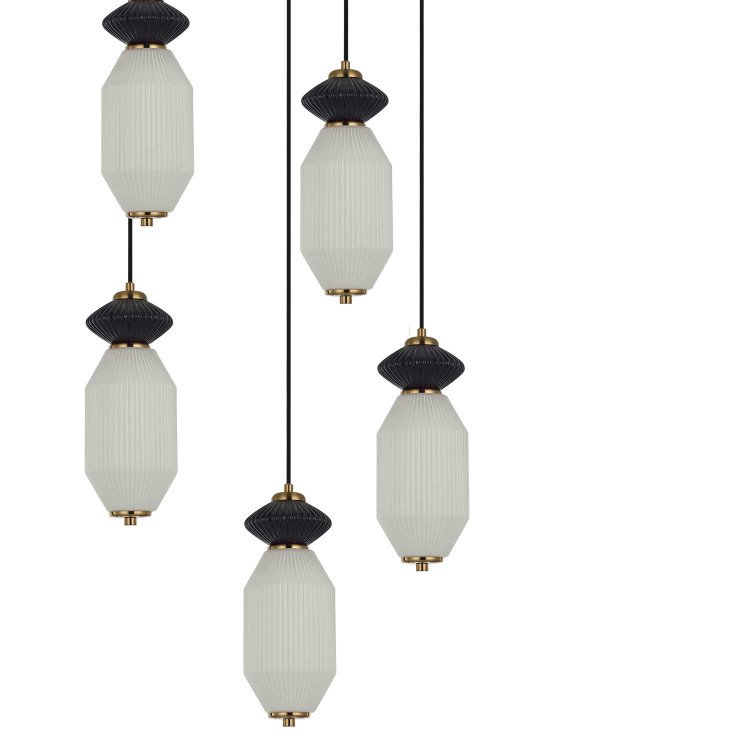 CÓD.3412 CANDEEIRO LED REDONDO 5 LUZES EM AÇO PRETO, CERÂMICA E VIDRO