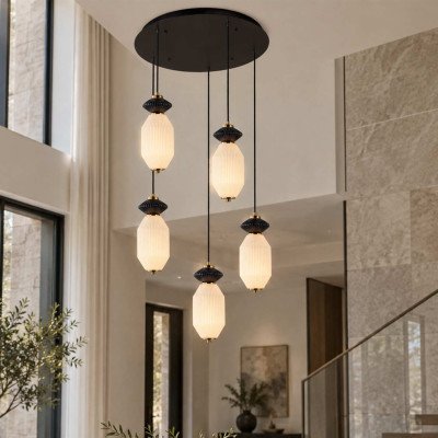 CÓD.3412 CANDEEIRO LED REDONDO 5 LUZES EM AÇO PRETO, CERÂMICA E VIDRO