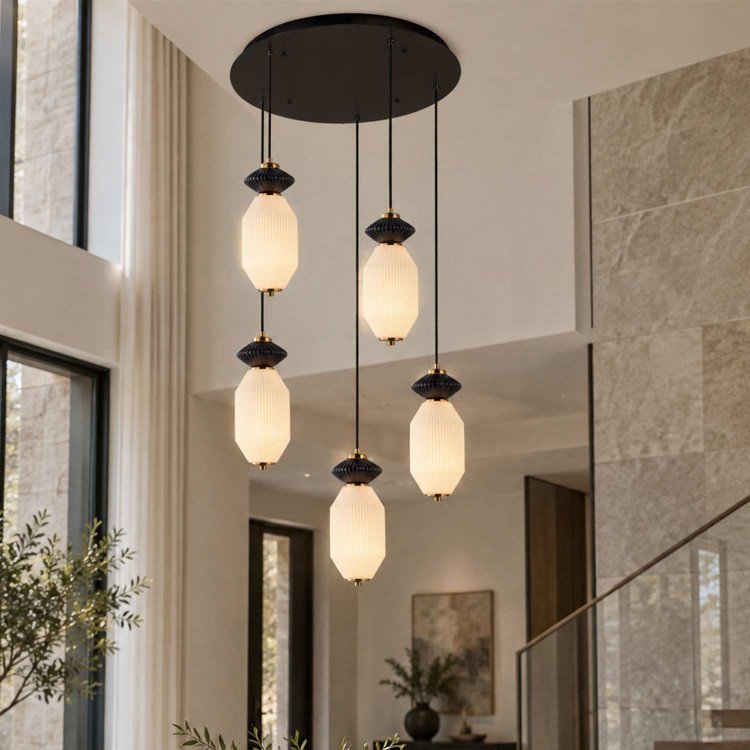 CÓD.3412 RUNDE LED-LEUCHTE MIT 5 LICHTERN AUS SCHWARZEM STAHL, KERAMIK UND GLAS