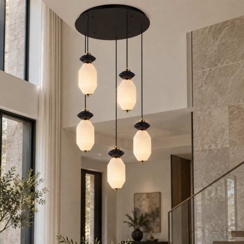 CÓD.3412 LAMPADA LED ROTONDA 5 LUCI IN ACCIAIO NERO, CERAMICA E VETRO