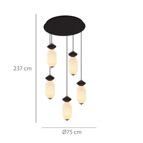 CÓD.3412 LÁMPARA LED ACERO NEGRO, CERÁMICA Y CRISTAL REDONDA 5 LUCES