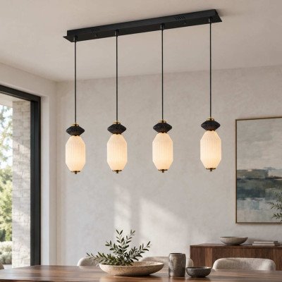 CÓD.3413 CANDEEIRO LED RETANGULAR 4L EM AÇO PRETO, CERÂMICA E VIDRO