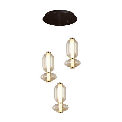 CÓD.3414 RUNDE LED-LEUCHTE 3L AUS SCHWARZEM STAHL UND BERNSTEINFARBENEM GLAS