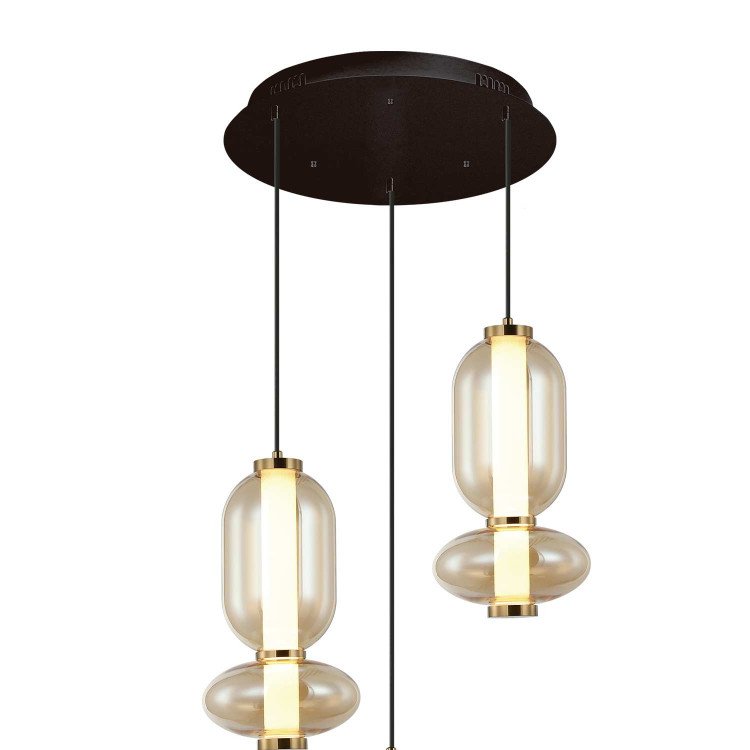 CÓD.3414 CANDEEIRO LED REDONDO 3L EM AÇO PRETO E VIDRO ÂMBAR