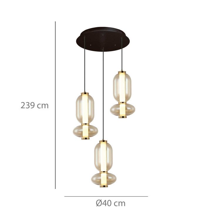 CÓD.3414 LAMPE LED RONDE 3L EN ACIER NOIR ET VERRE AMBRÉ