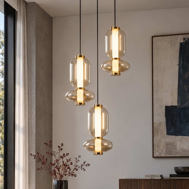 CÓD.3414 CANDEEIRO LED REDONDO 3L EM AÇO PRETO E VIDRO ÂMBAR