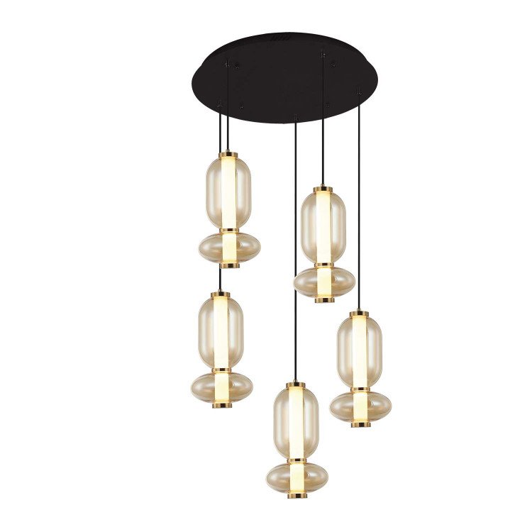 CÓD.3415 RUNDE LED-LEUCHTE 5L AUS SCHWARZEM STAHL UND BERNSTEINFARBENEM GLAS
