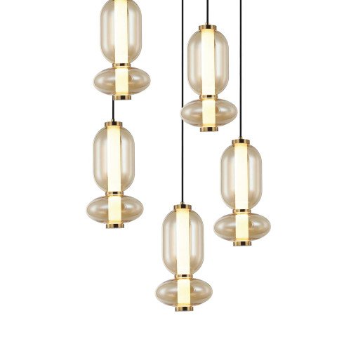 CÓD.3415 CANDEEIRO LED REDONDO 5L EM AÇO PRETO E VIDRO ÂMBAR