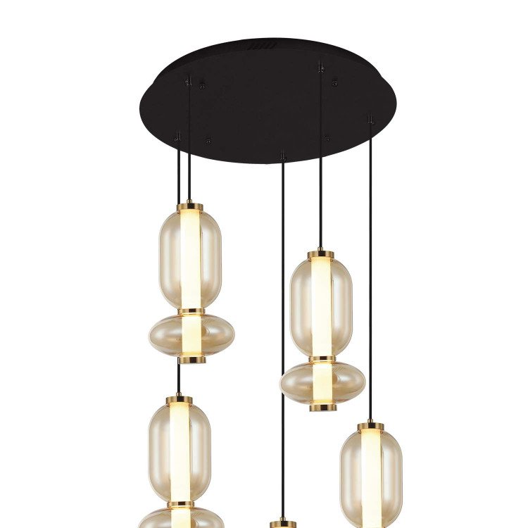 CÓD.3415 CANDEEIRO LED REDONDO 5L EM AÇO PRETO E VIDRO ÂMBAR
