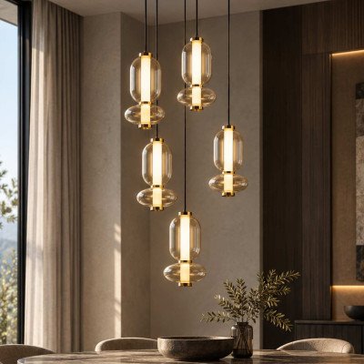 CÓD.3415 RUNDE LED-LEUCHTE 5L AUS SCHWARZEM STAHL UND BERNSTEINFARBENEM GLAS