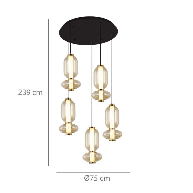 CÓD.3415 LAMPADA LED ROTONDA 5L IN ACCIAIO NERO E VETRO AMBRA