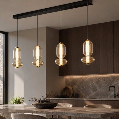 CÓD.3416 CANDEEIRO LED RETANGULAR 4L EM AÇO PRETO E VIDRO ÂMBAR