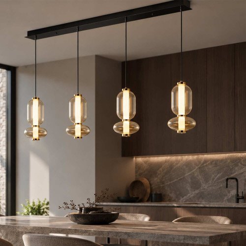 CÓD.3416 RECHTECKIGE LED-LEUCHTE 4L AUS SCHWARZEM STAHL UND BERNSTEINFARBENEM GLAS