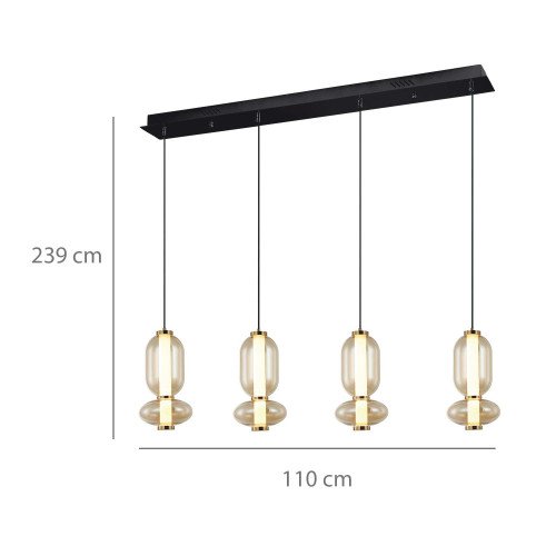 CÓD.3416 CANDEEIRO LED RETANGULAR 4L EM AÇO PRETO E VIDRO ÂMBAR