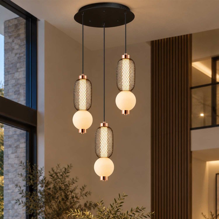CÓD.3420 LAMPADA LED ROTONDA 3L IN GRIGLIA, SFERA IN VETRO OPACO E ACRILICO