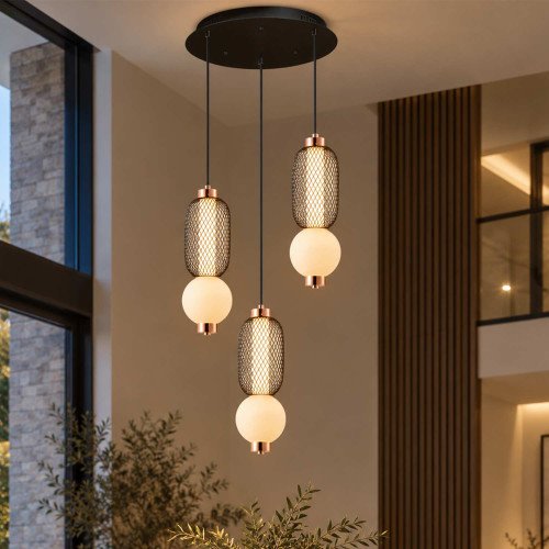 CÓD.3420 CANDEEIRO LED REDONDO 3L EM GRELHA, BOLA DE VIDRO FOSCO E ACRÍLICO