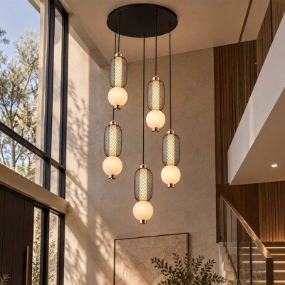 CÓD.3421 RUNDE LED-LEUCHTE 5L AUS GITTER, MATTER GLASKUGEL UND ACRYL