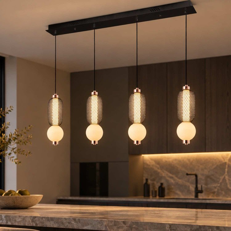 CÓD.3422 LÁMPARA LED REJILLA ,BOLA CRISTAL MATE Y ACRÍLICO RECTANGULAR 4L